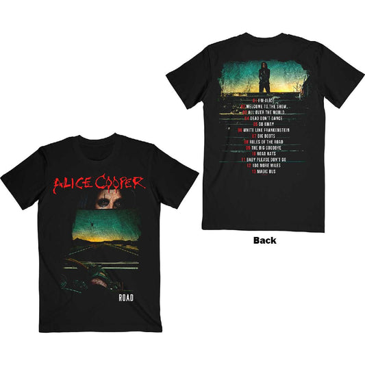 ALICE COOPER UNISEX T-SHIRT: ROAD COVER TRACKLIST (BACK PRINT) (MEDIUM)