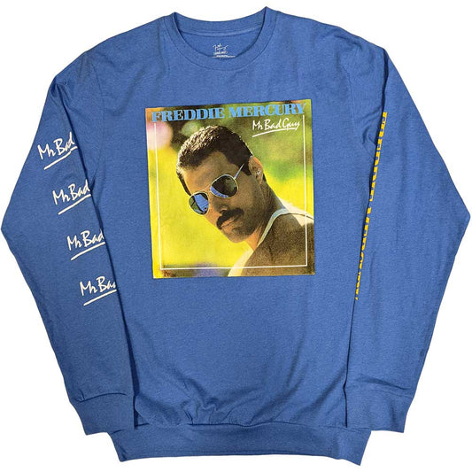 FREDDIE MERCURY UNISEX LONG SLEEVE T-SHIRT: MR BAD GUY (SLEEVE PRINT)