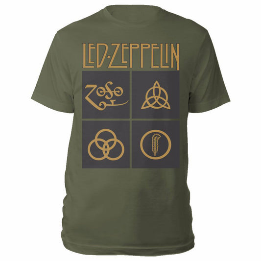 LED ZEPPELIN UNISEX T-SHIRT: GOLD SYMBOLS IN BLACK SQUARE